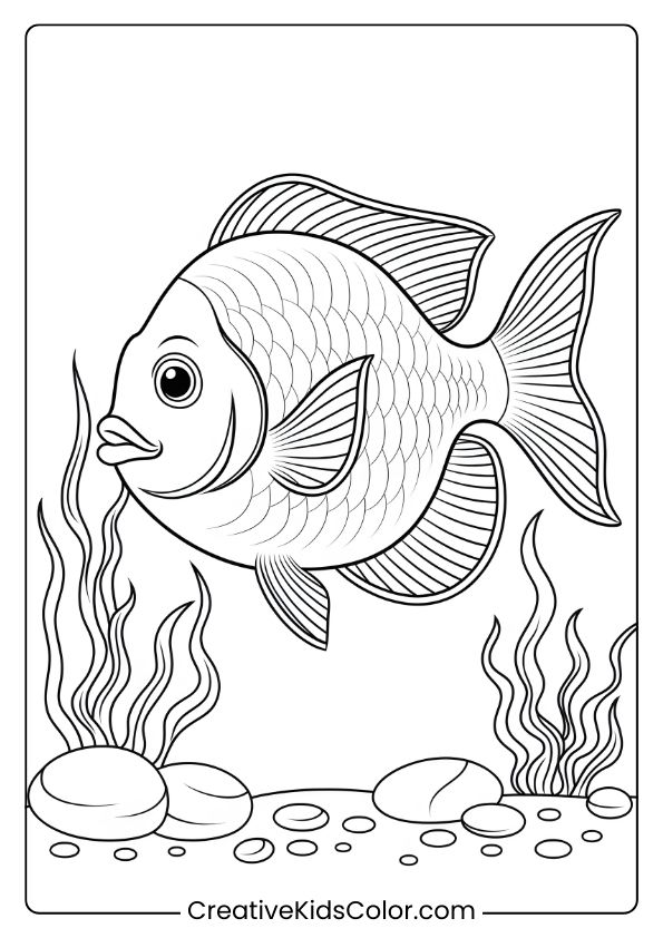 A Fish With Intricate Scales Floats Above Pebbles And Seaweed, Creating A Calming Underwater Scene To Color.