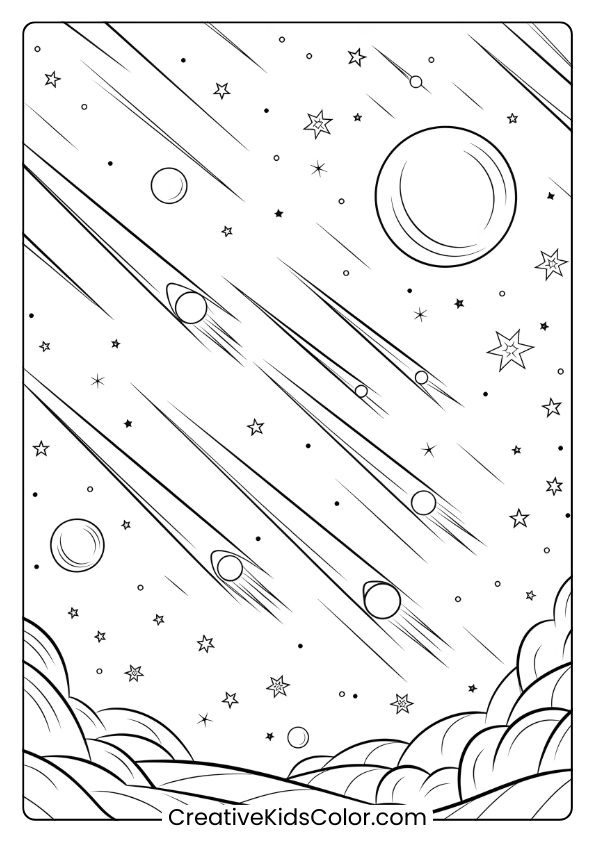 Coloring Page Of Shooting Stars And Planets Lighting Up Space, Perfect For A Dynamic And Adventurous Coloring Experience.