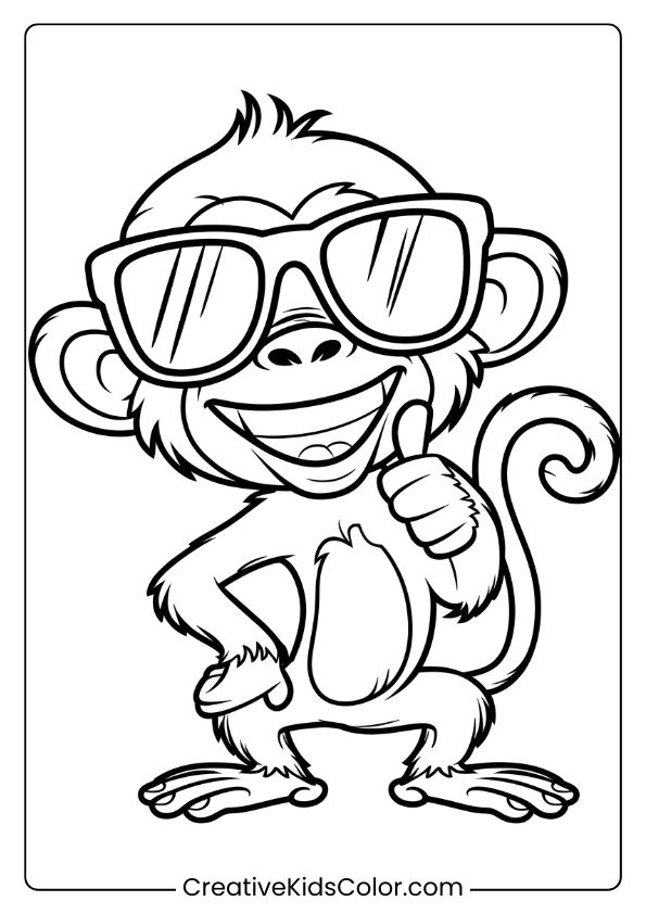 This Coloring Page Shows A Monkey Wearing Sunglasses, Giving A Friendly Thumbs-Up Gesture.