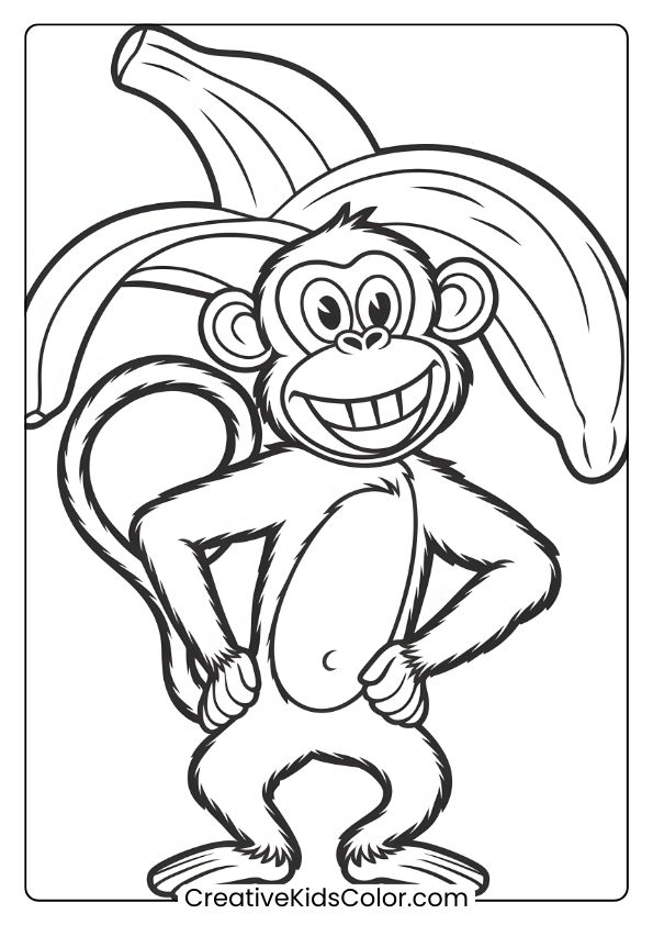 A Coloring Page Of A Playful Monkey With A Banana Hat, Adding A Fun And Silly Touch To Its Look.