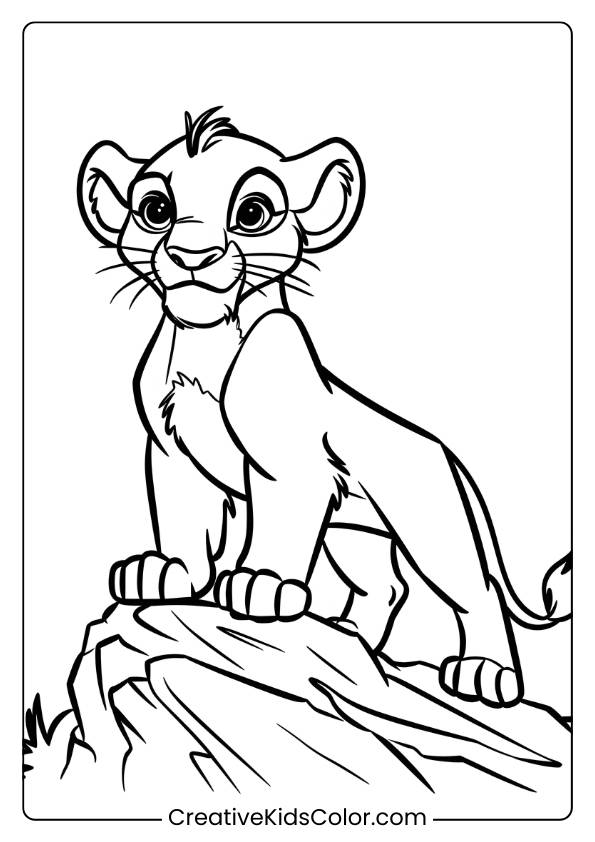 A Coloring Page Of Simba, The Young Lion Cub, Standing On A Rock With A Poised Stance, Perfect For Kids To Color And Enjoy.
