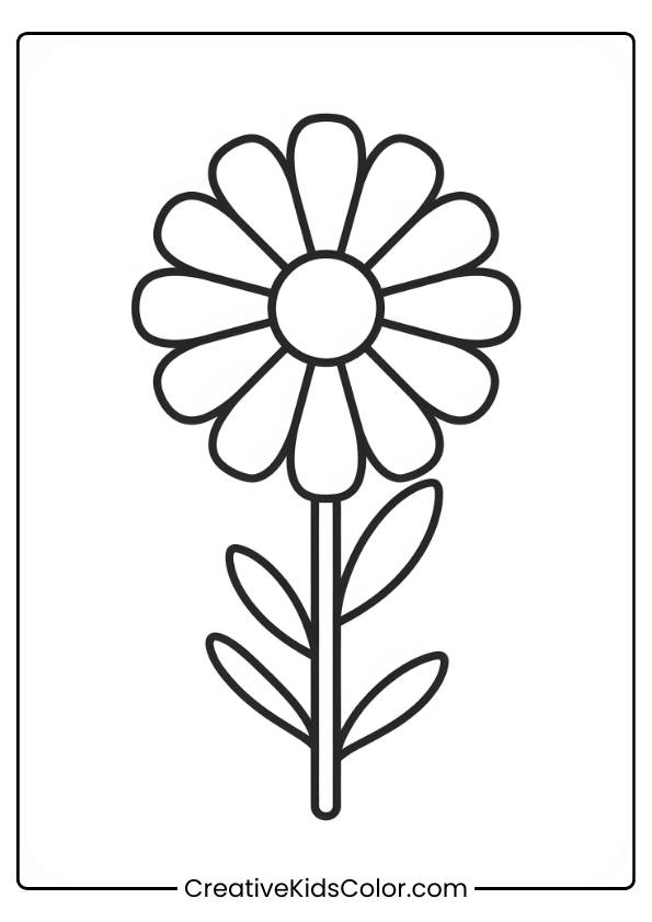 A Basic Daisy With Large Petals And Simple Leaves, Ideal For Young Children To Color Easily.