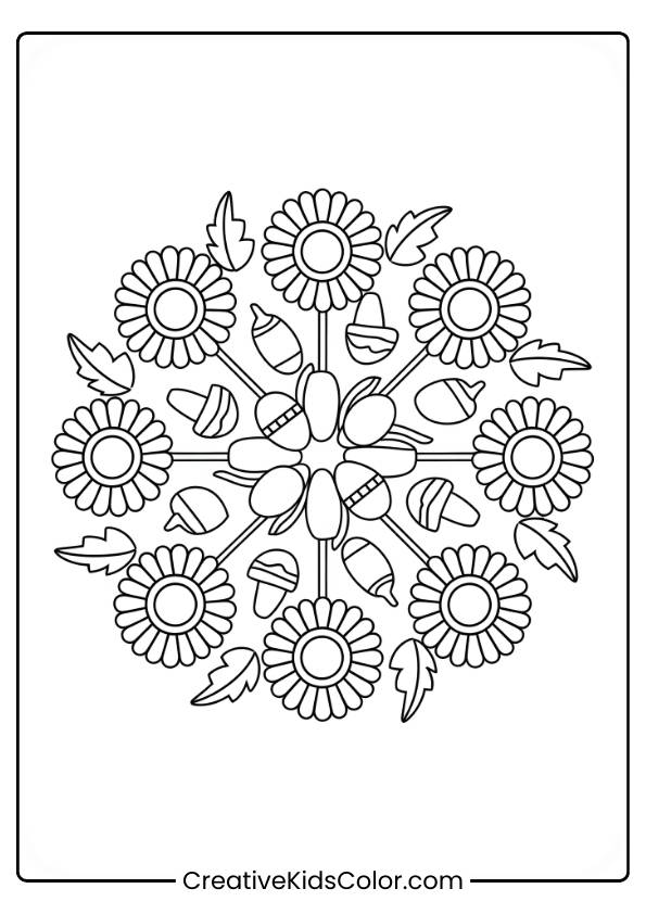 Sunflowers And Acorns Form An Intricate Mandala In This Fall-Themed Coloring Page.