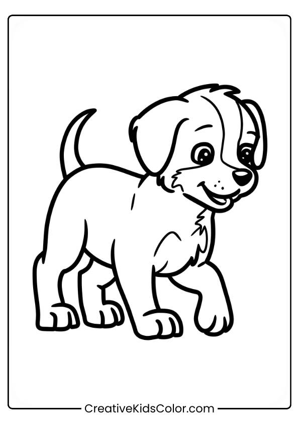 Playful Puppy Walking With Floppy Ears And A Curled Tail In A Dog Coloring Page.