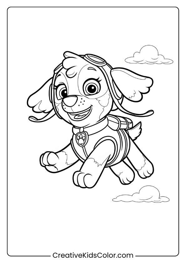 Paw Patrol Ausmalbild Mit Skye, Die In Der Luft Schwebt, Mit Fliegerbrille Und Einem Großen Lächeln.
