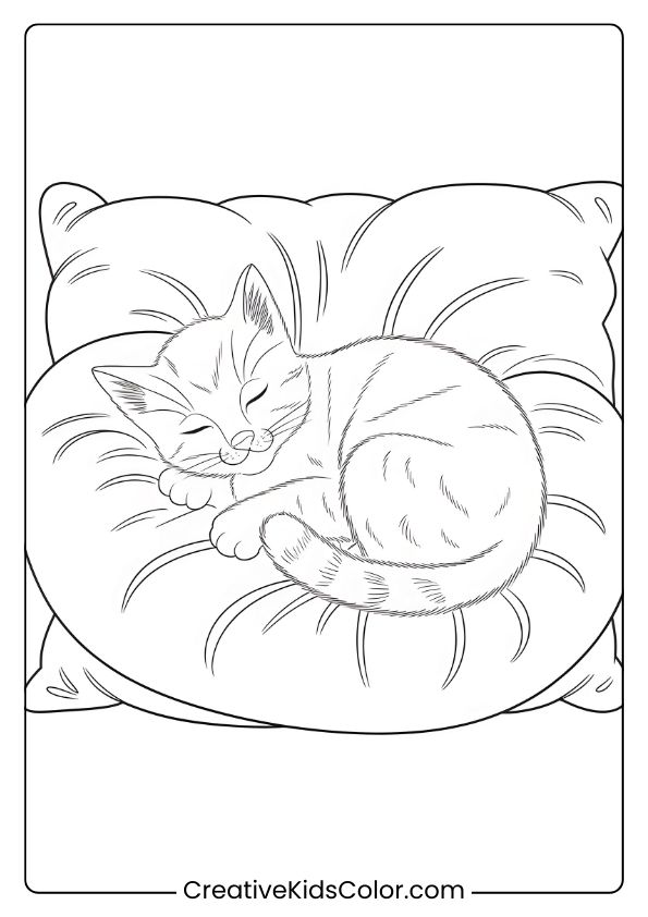 A Peaceful Kitten Sleeping On A Fluffy Pillow, Creating A Relaxing Scene For This Coloring Page.