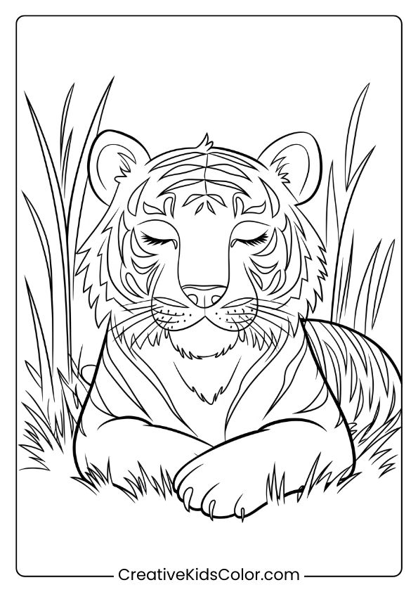 Sleepy Tiger Coloring Page With A Serene Tiger Resting In Tall Grass, Showcasing Detailed Fur And Peaceful Expression.