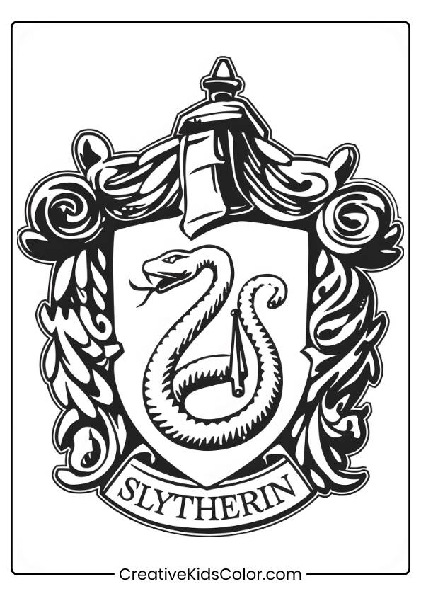 The Slytherin House Crest Features A Coiled Snake On A Shield, Surrounded By Ornate Patterns In This Intricate Coloring Page.