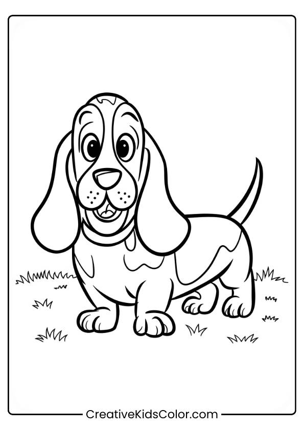 Basset Hound With Droopy Ears Standing On Grass In A Dog Coloring Page.