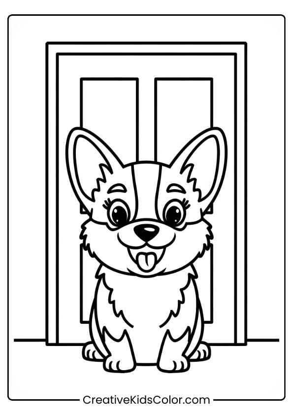 Smiling Corgi Sitting In Front Of A Door With Large Ears In A Dog Coloring Page.