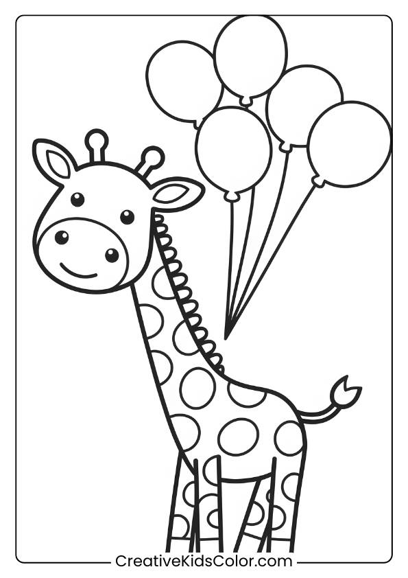 Smiling Giraffe Holding Balloons In A Fun Coloring Page, Perfect For Kids Who Enjoy Playful Designs.