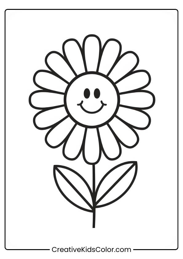 A Cheerful Daisy With A Smiling Face In The Center And Rounded Petals, Perfect For Children To Color.