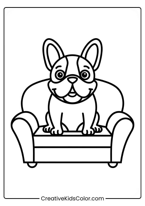 Smiling French Bulldog Sitting On A Cozy Sofa In A Dog Coloring Page.