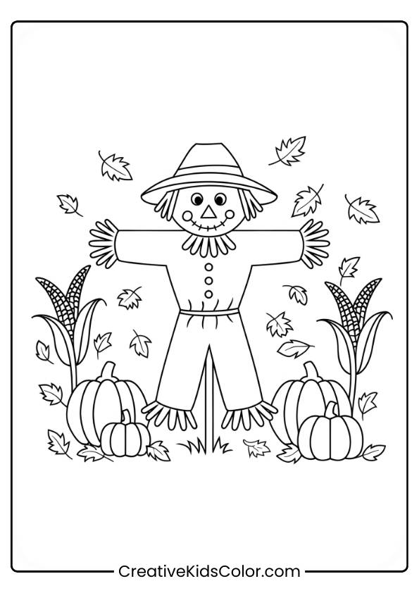 A Smiling Scarecrow In A Field With Pumpkins And Fall Leaves, Perfect For A Fall Coloring Page.