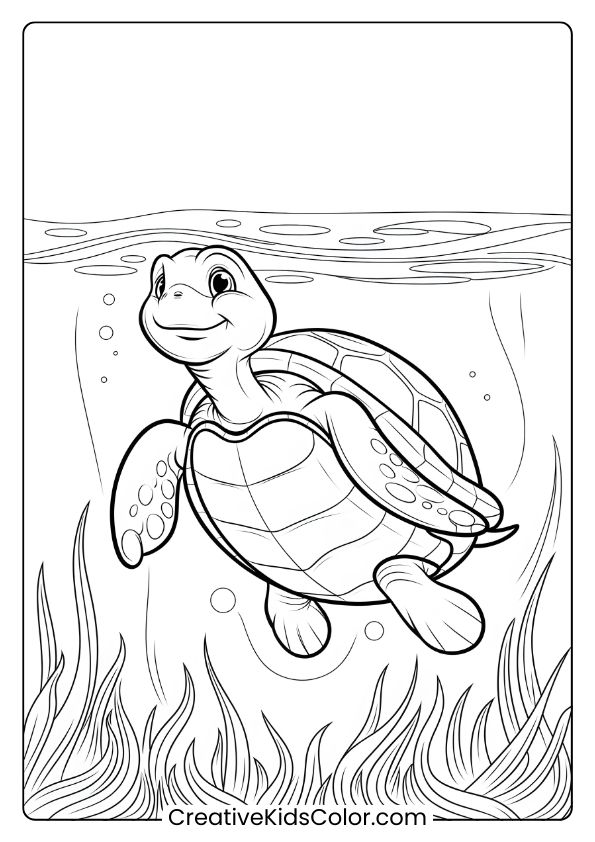 Smiling Turtle In Clear Water Coloring Page, Capturing A Peaceful Underwater Moment With Gentle Waves.