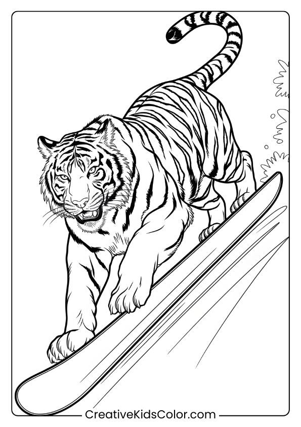 Snowboarding Tiger Coloring Page With A Tiger Riding Down A Slope, Showing Dynamic Motion.