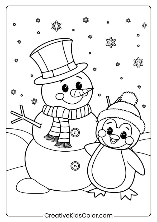 A Penguin And Snowman In A Snowy Setting, A Charming Winter Wonderland Penguin Coloring Page.