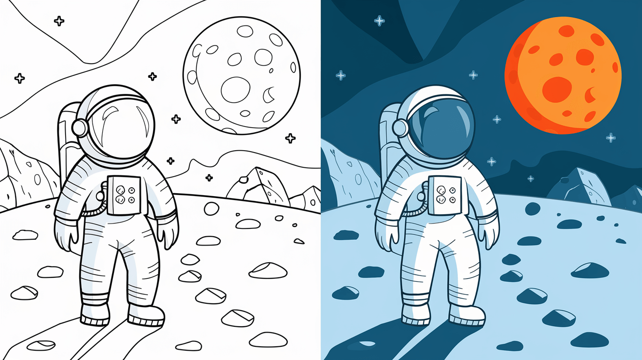 Coloring Page Cover Showing An Astronaut On Rocky Terrain; Left Side Is Monochrome, Right Side Is Colored With A Vibrant Orange Moon And Cratered Surface.