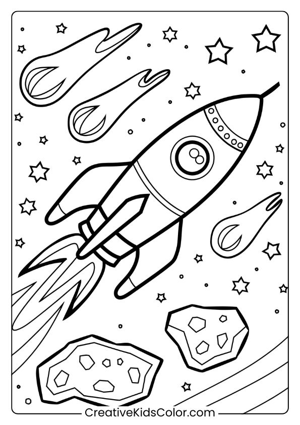 Coloring Page Of A Space Rocket Soaring Past Comets And Asteroids, Creating An Adventurous Outer Space Scene.