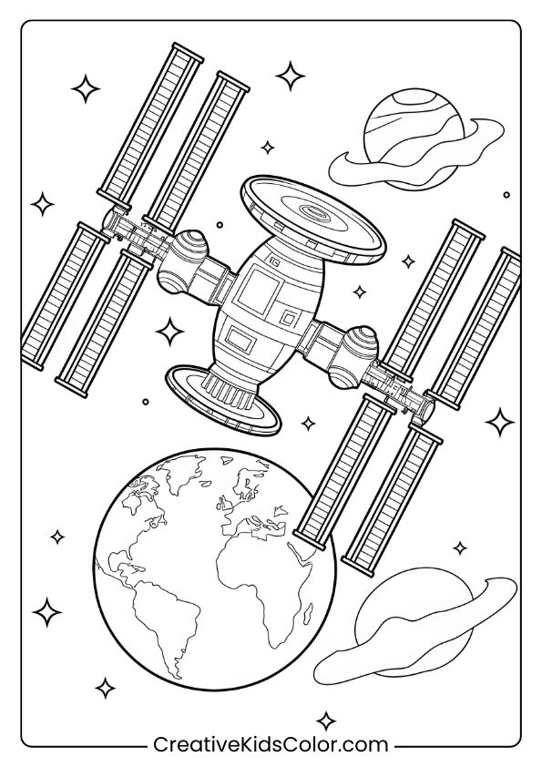 Coloring Page Of A Space Station Orbiting Earth, With Stars And Planets Highlighting A Deep Space Exploration Theme.