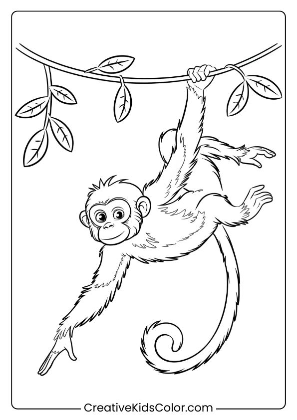 This Coloring Page Features A Playful Spider Monkey Hanging On A Vine, Surrounded By Jungle Leaves.