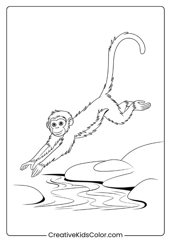 This Coloring Page Captures A Young Monkey Jumping Over A Stream With A Playful Expression And Energetic Pose.