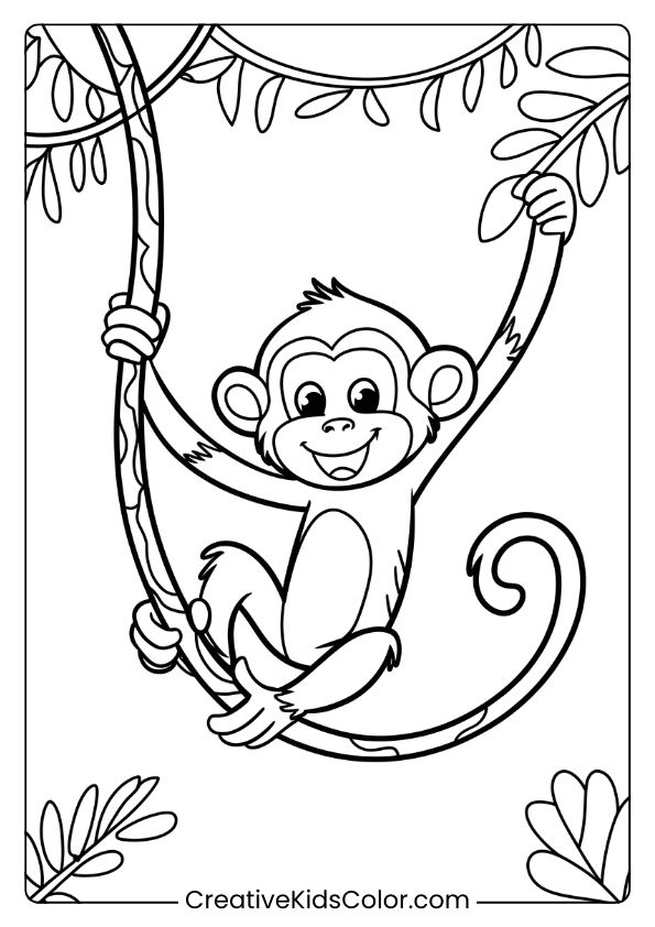 Jungle-Themed Coloring Page Featuring A Playful Monkey Swinging On A Branch Surrounded By Tropical Leaves.