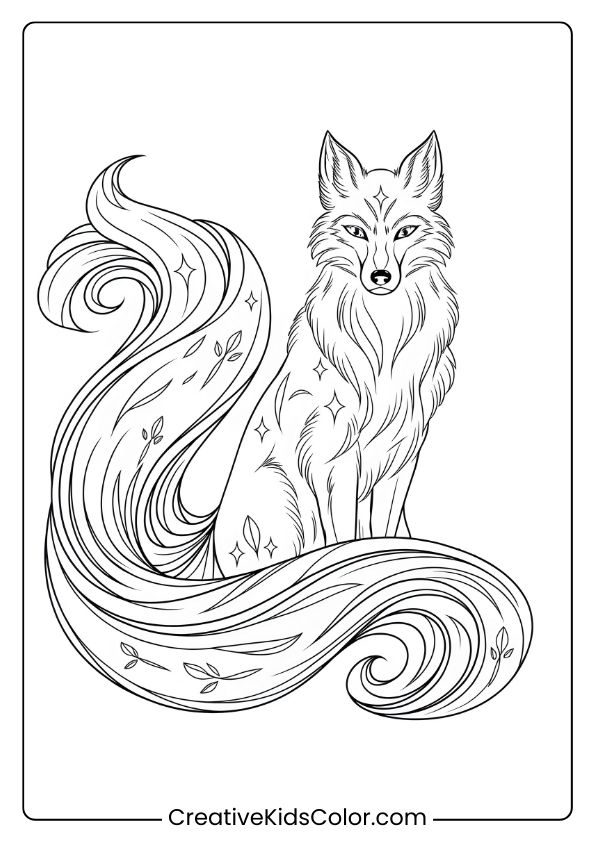 Fox Coloring Page Of A Spirit Fox With Intricate Tail Patterns And Sharp Eyes, Embodying Protection In A Serene Forest Scene.