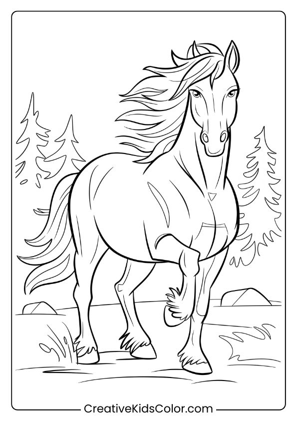 A Spirited Horse In The Wilderness, Capturing Adventure For A Dynamic Coloring Page.