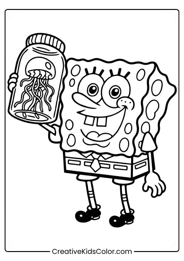 Spongebob Proudly Holds A Jellyfish Jar In This Fun And Adventurous Coloring Page.