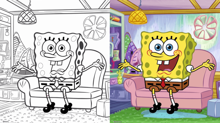 Coloring Page Cover Of Spongebob, Left Side Uncolored, Right Side Fully Colored In A Cheerful Room.