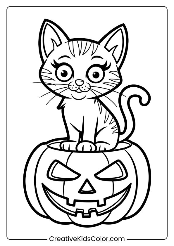 A Spooky Kitten On A Haunted Pumpkin, Perfect For A Halloween-Themed Coloring Page.