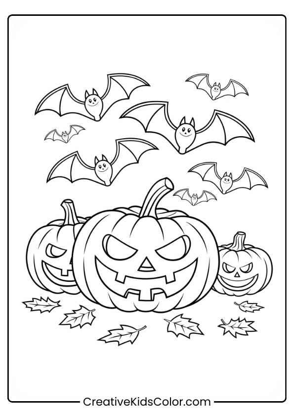 Spooky Pumpkins And Bats On A Halloween Night, Perfect For A Halloween-Themed Coloring Page.