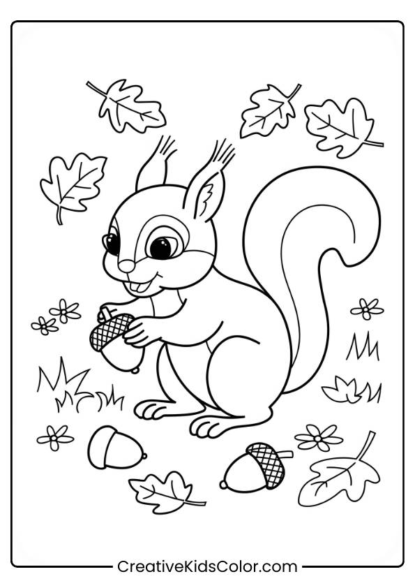 This Coloring Page Depicts A Squirrel Collecting Acorns In A Garden Filled With Autumn Colors.