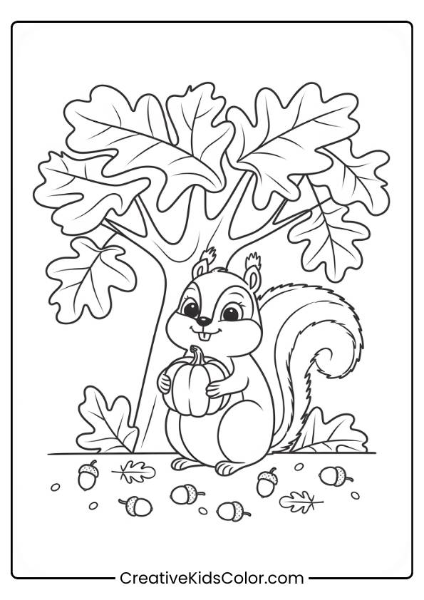 A Squirrel Holding A Pumpkin Under An Oak Tree In This Fall-Inspired Coloring Page.