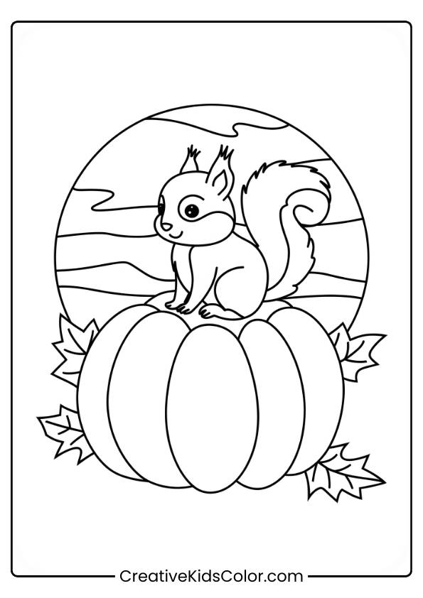 A Squirrel Sitting On A Pumpkin Watching A Fall Sunset Is Featured In This Autumn Coloring Page.