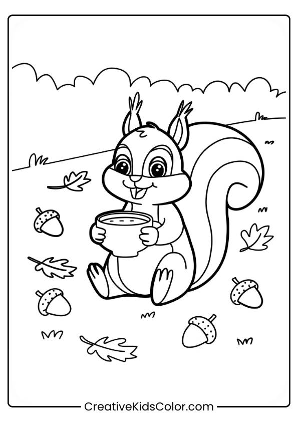 A Squirrel With Hot Cocoa And Acorns In A Fall Field Is Illustrated In This Coloring Page.