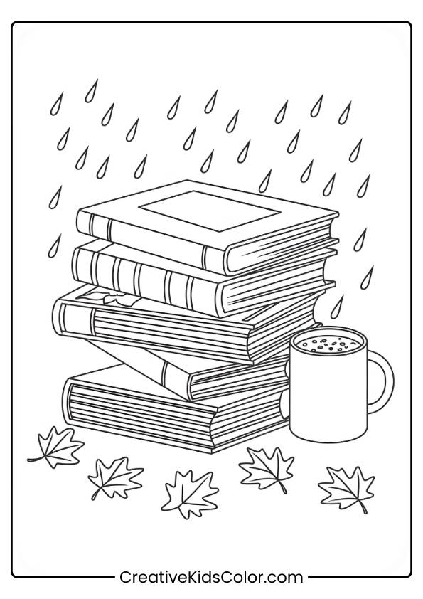 A Stack Of Books On A Rainy Fall Day, Depicted In This Autumn-Themed Coloring Page.