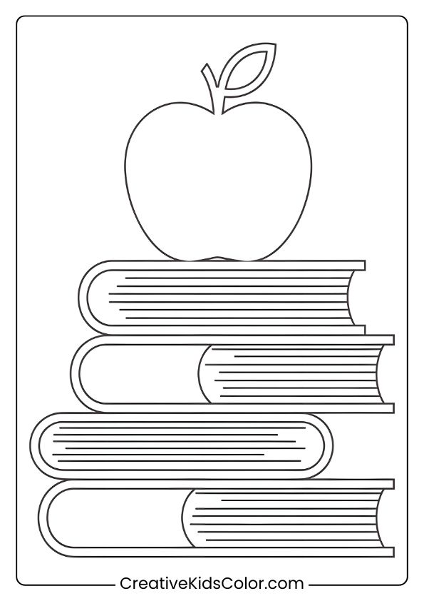 Apple On A Stack Of Books Coloring Page, Ideal For School Or Learning Themes.