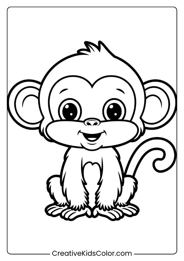 Coloring Page Of A Standing Monkey With Round Eyes And A Fluffy Tail, Showing A Calm And Friendly Expression.