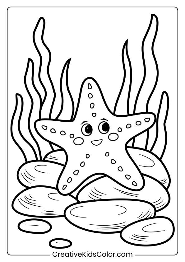A Smiling Starfish Sits Peacefully On Ocean Rocks, Surrounded By Seaweed In A Simple And Inviting Coloring Page Scene.