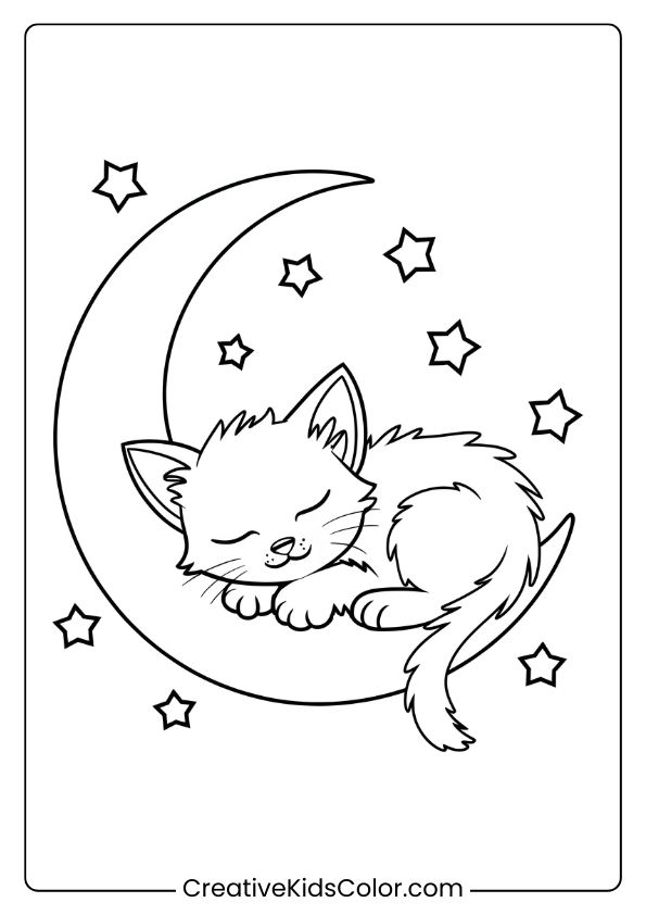 A Content Kitten Curled On A Crescent Moon, With Stars Nearby, Making This Coloring Page Dreamy And Serene.