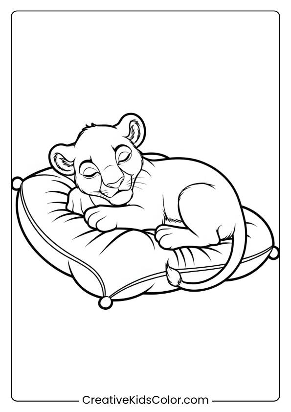 A Lion Cub Sleeping On A Pillow, Providing A Calming And Adorable Lion Coloring Page For Children.