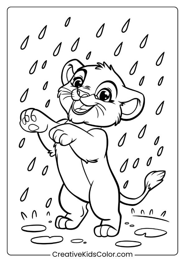A Playful Lion Cub In The Rain, Perfect For A Lively And Fun Lion Coloring Page For Kids To Color.