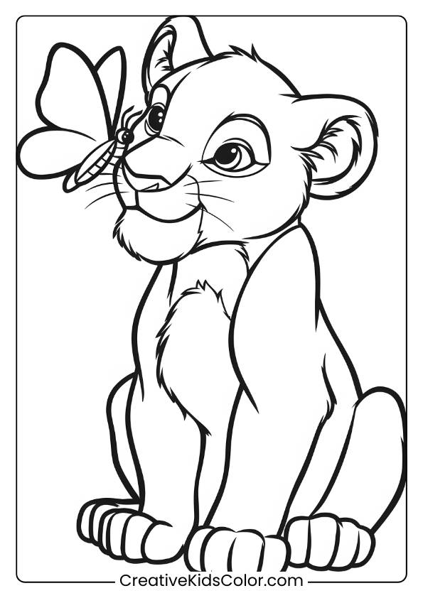A Young Lion Cub With A Butterfly On Its Nose, A Gentle And Cute Lion Coloring Page For Kids To Color.
