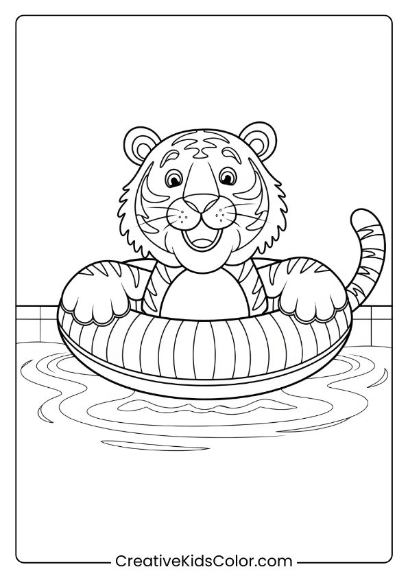 Swimmer Tiger Coloring Page With A Happy Tiger Floating On A Striped Inflatable In A Calm Pool.
