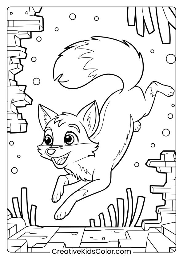 Fox Coloring Page Of Tails The Fox Exploring Underwater Ruins, Creating A Sense Of Adventure Among Bubbles And Ice Formations.