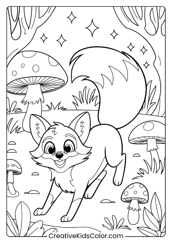 Coloring Page Of Tails The Fox In A Forest With Mushrooms And Stars, Set In A Whimsical, Magical Landscape For Coloring.