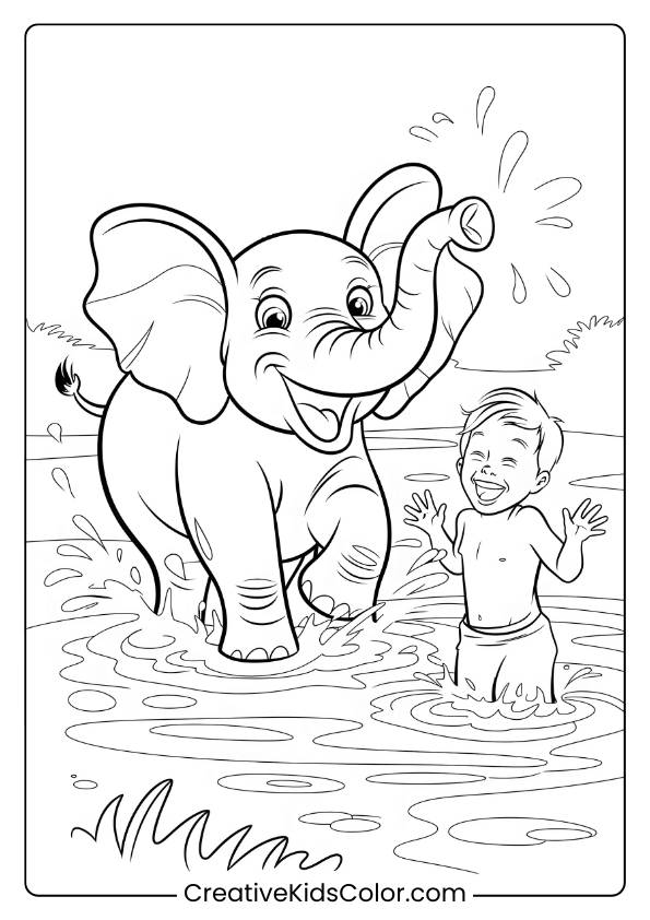 Coloring Page Of An Elephant And A Child Playing By The River.