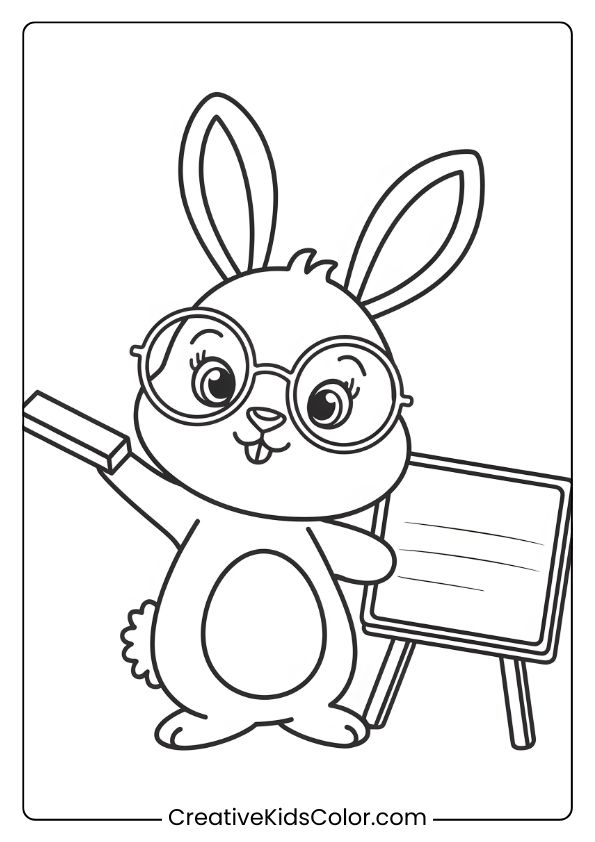 Coloring Page Of A Teacher Bunny With Glasses And A Blackboard, Creating A Fun Educational Theme.